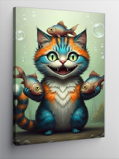 Kanvas Tablo Çizgi Kedi Ve Balıklar