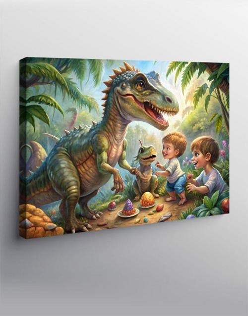 Kanvas Tablo Çocuklarla Oyun Oynayan Dinozorlar