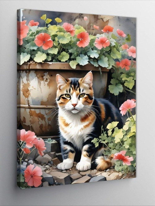 Kanvas Tablo Çiçekler Ve Kedi