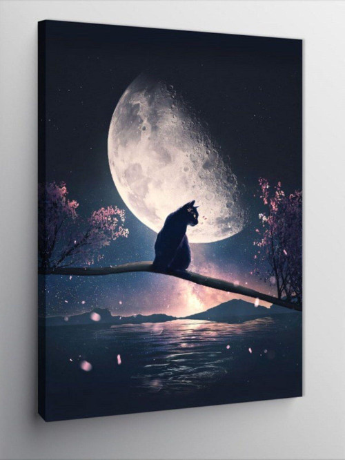 Kanvas Tablo Dalın Üstündeki Siyah Kedi Ve Ay