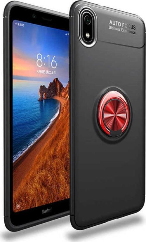 Xiaomi Redmi 7A Kılıf Renkli Yüzüklü Manyetik Silikon Kapak Siyah - Kırmızı