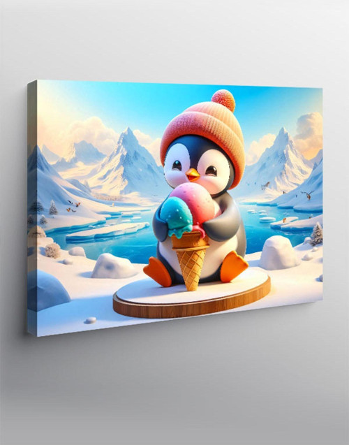 Kanvas Tablo Dondurma Tutan Penguen