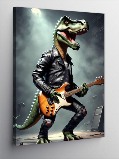 Kanvas Tablo Elektro Gitar Çalan Dinozor