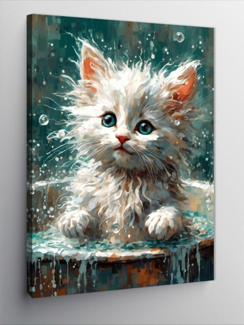 Kanvas Tablo Duş Yapan Beyaz Kedi