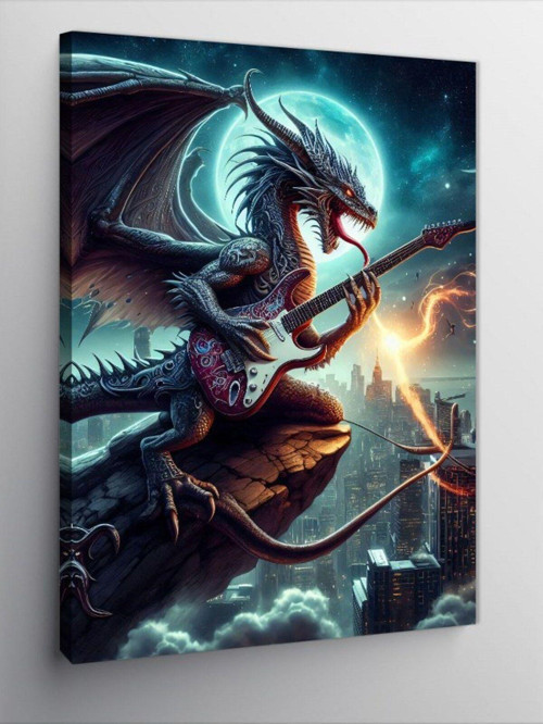 Kanvas Tablo Elektro Gitar Çalan Ejderha