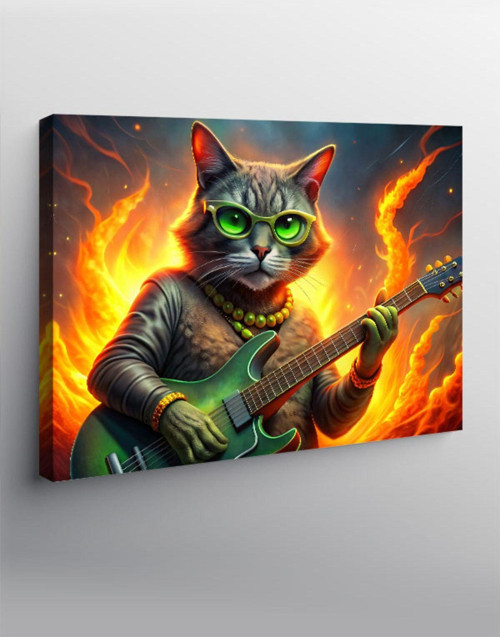 Kanvas Tablo Elektro Gitar Çalan Kedi