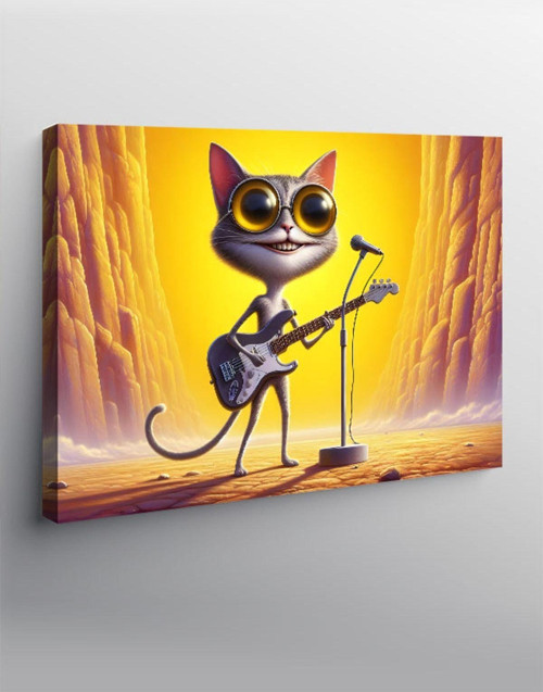 Kanvas Tablo Elektro Gitar Çalan Kedi