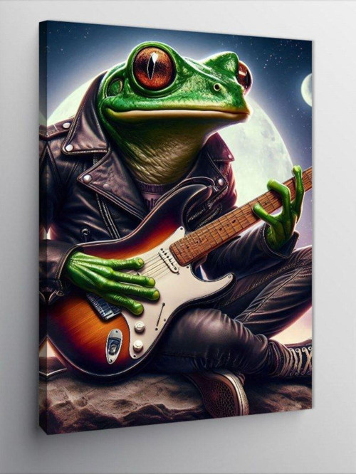 Kanvas Tablo Elektro Gitar Çalan Kurbağa
