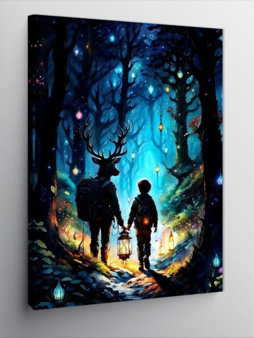 Kanvas Tablo Geyik Ve Çocuk Noel'de Orman