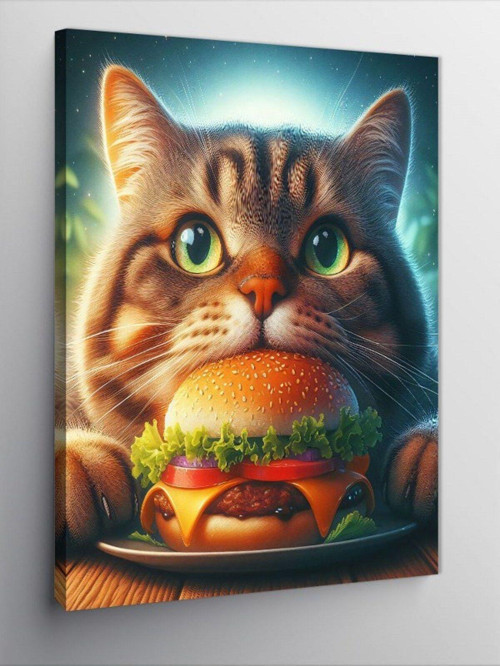 Kanvas Tablo Hamburger Yiyen Kedi
