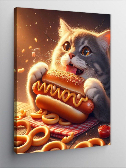 Kanvas Tablo Hotdog Yiyen Kedi