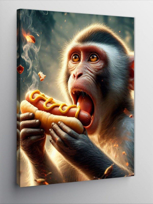 Kanvas Tablo Hotdog Yiyen Maymun