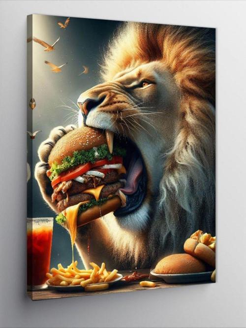 Kanvas Tablo Hamburger Yiyen Aslan