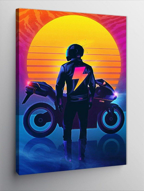Kanvas Tablo Gün Batımındaki Motorcu
