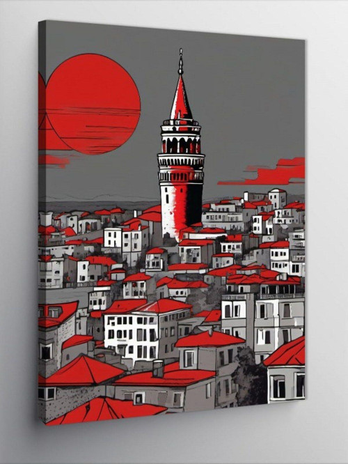 Kanvas Tablo Günbatımı Galata Kulesi Çizimi