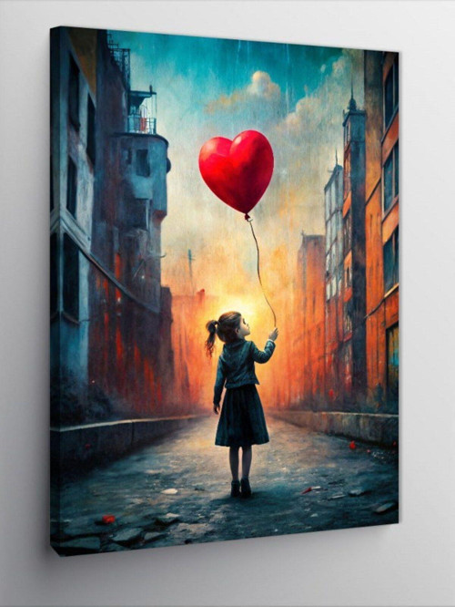 Kanvas Tablo Kalp Şeklinde Uçan Balon Ve Kız