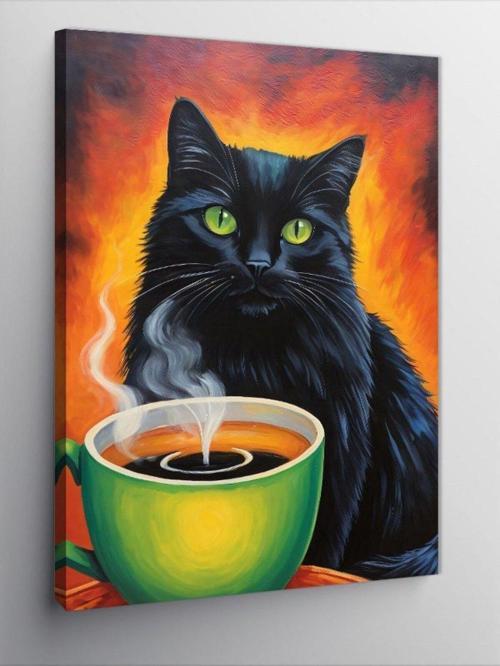 Kanvas Tablo Kahve İçen Kedi