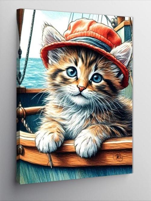 Kanvas Tablo Kırmızı Şapkalı Kedi