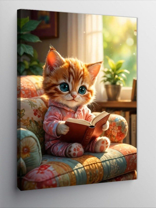 Kanvas Tablo Kitap Okuyan Yavru Kedi