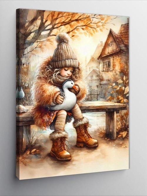 Kanvas Tablo Kış Köy Manzarası Kız Çocuğu