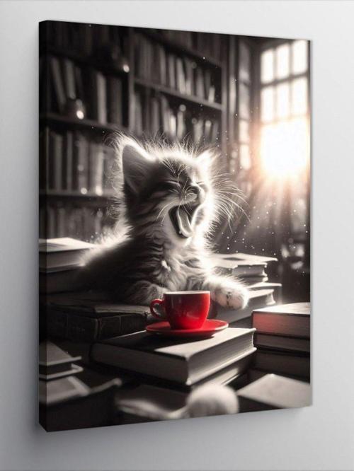 Kanvas Tablo Kırmızı Fincan Ve Esneyen Kedi