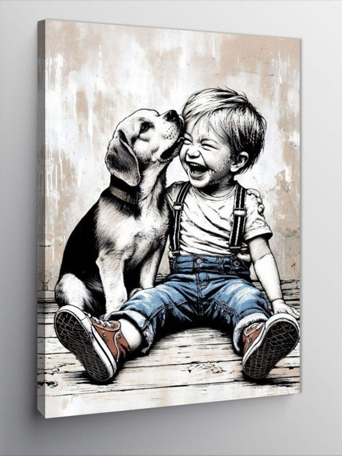 Kanvas Tablo Küçük Çocuk Ve Sevimli Köpek