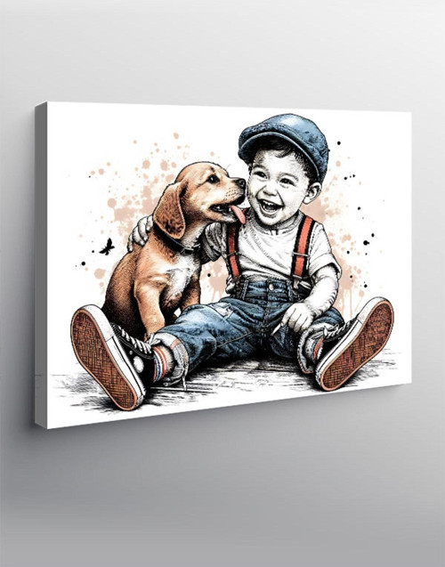 Kanvas Tablo Küçük Çocuk Ve Yavru Köpeği