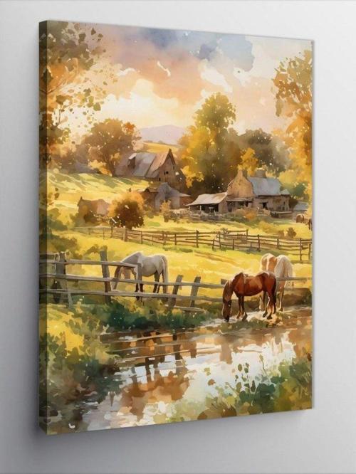 Kanvas Tablo Köy Evi Ve Atlar