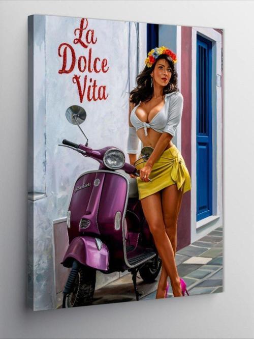Kanvas Tablo Mor Scooter Ve Sarı Etekli Kadın