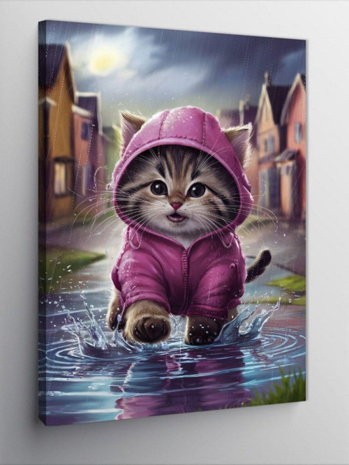 Kanvas Tablo Mor Yağmurluklu Kedi