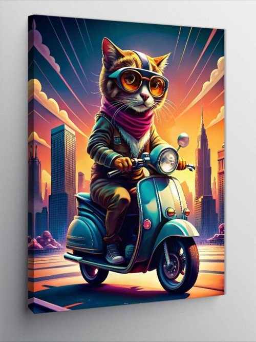 Kanvas Tablo Motor Kullanan Kedi
