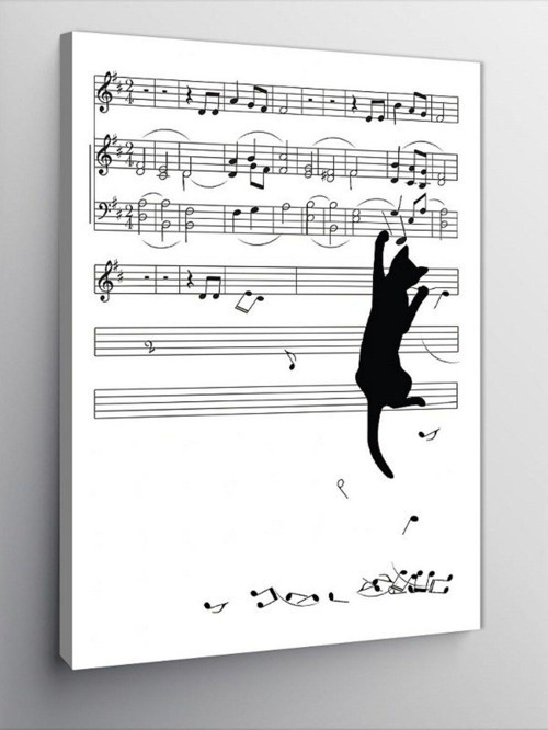 Kanvas Tablo Müzik Notalarına Tırmanan Kedi