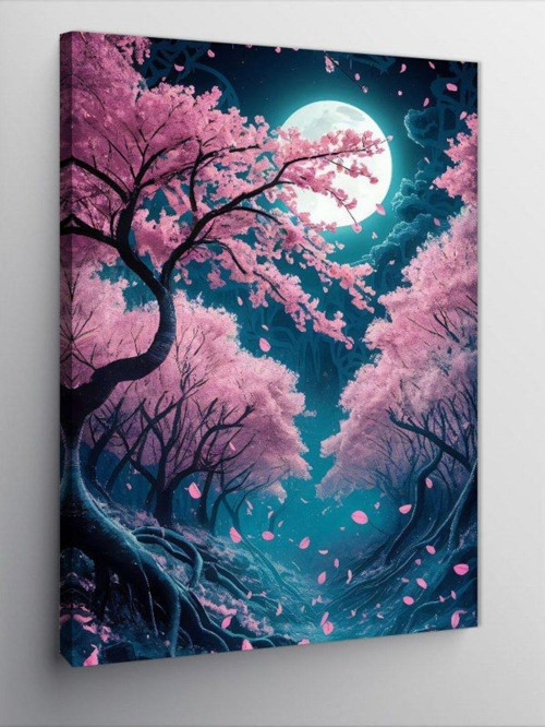 Kanvas Tablo Pembe Ağaç Ve Dolunay