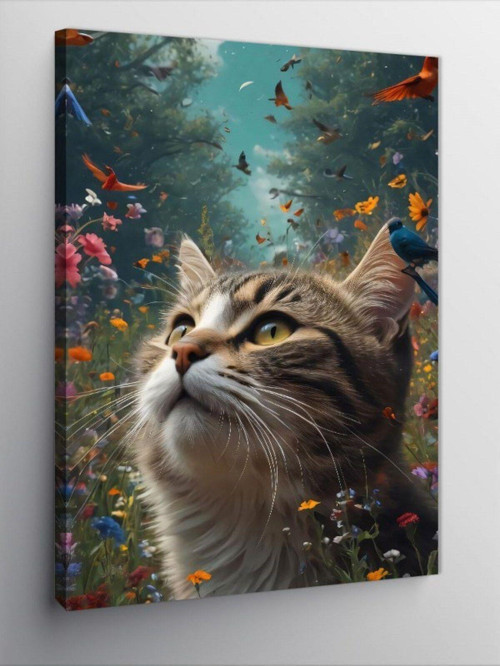 Kanvas Tablo Ormandaki Kedi Ve Kuşlar