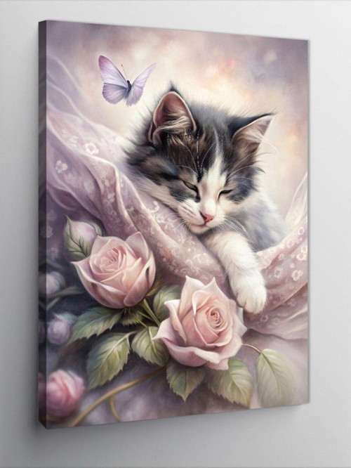 Kanvas Tablo Pembe Güller Ve Kedi