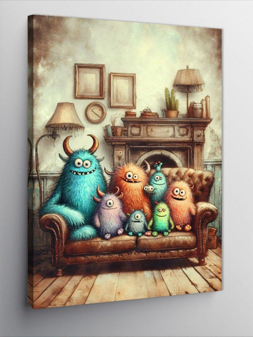 Kanvas Tablo Oturma Odasında Renkli Canavarlar