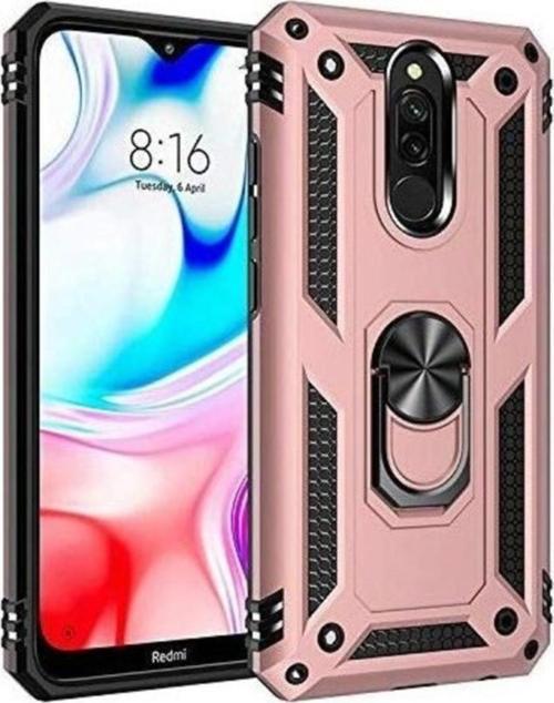 Xiaomi Redmi 8 Kapak Yüzüklü Stantlı Panzer Tank Kılıf - Rose Gold