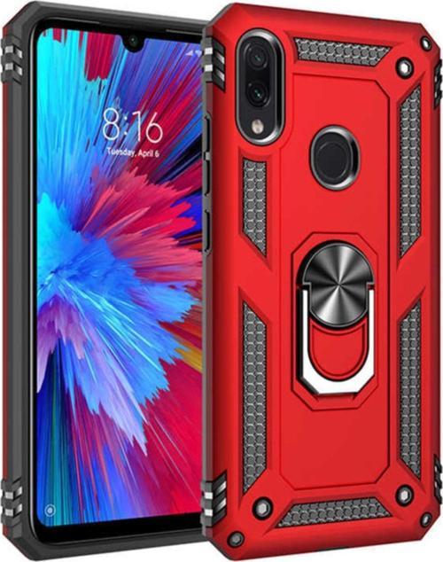 Xiaomi Redmi Note 7 Kapak Yüzüklü Stantlı Panzer Tank Kılıf - Kırmızı