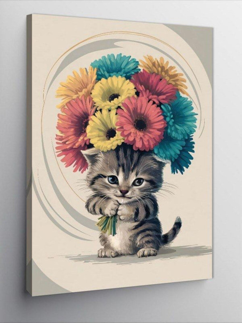 Kanvas Tablo Renkli Çiçekler Ve Kedi