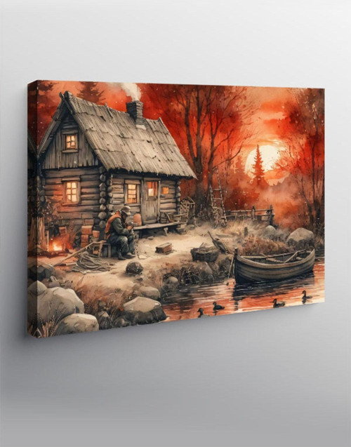 Kanvas Tablo Retro Ahşap Ev Ve Kayık