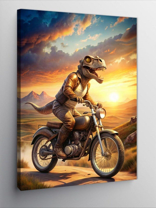 Kanvas Tablo Retro Motosiklet Kullanan Dinozor