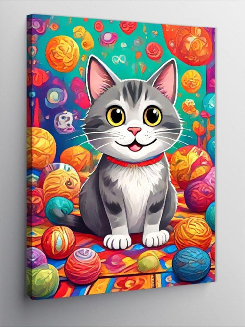 Kanvas Tablo Renkli Toplar Ve Kedi