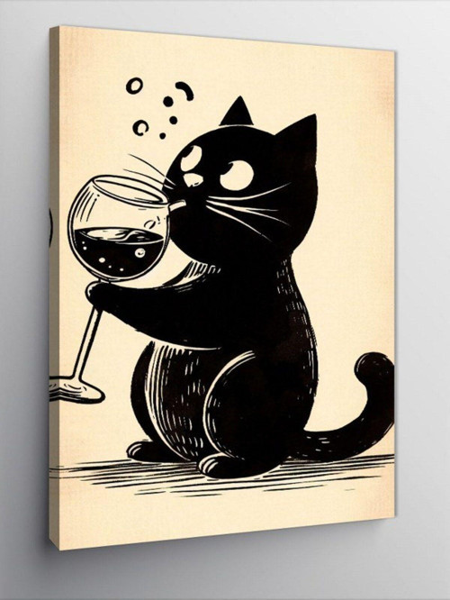 Kanvas Tablo Şarap İçen Kedi