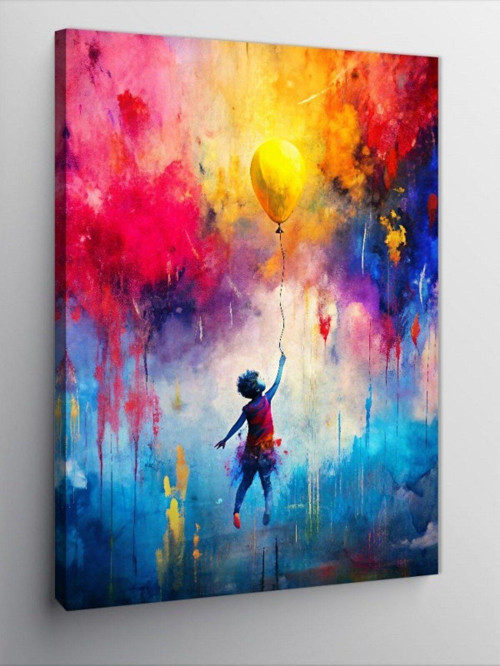Kanvas Tablo Sarı Uçan Balon Ve Çocuk
