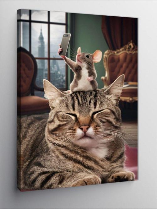 Kanvas Tablo Selfie Çeken Fare Ve Kedi