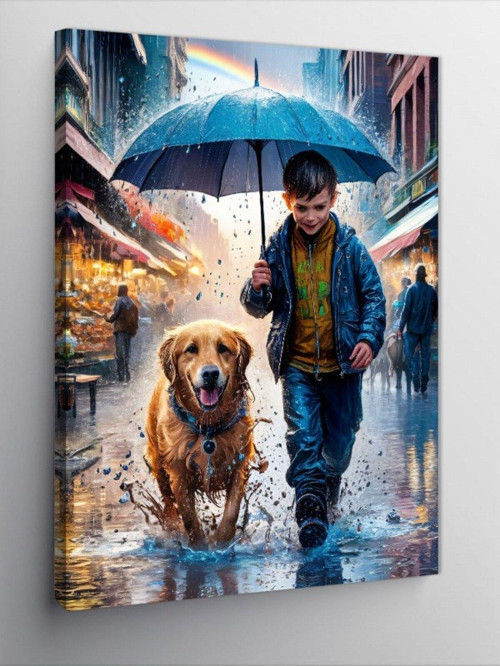 Kanvas Tablo Şemsiyeli Çocuk Ve Köpeği