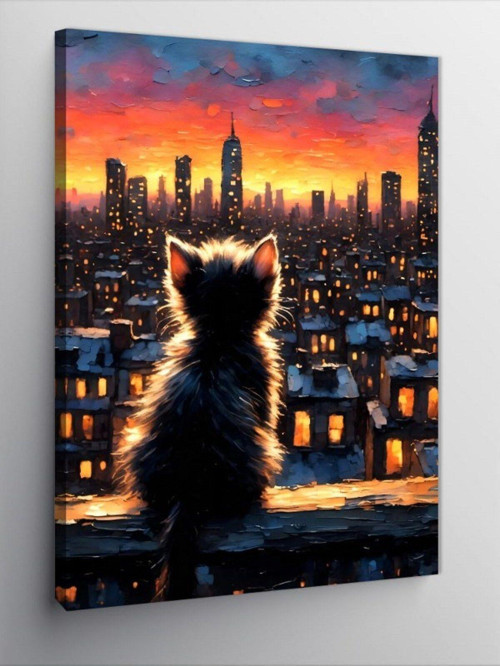 Kanvas Tablo Sevimli Kedi Ve Şehir Manzarası