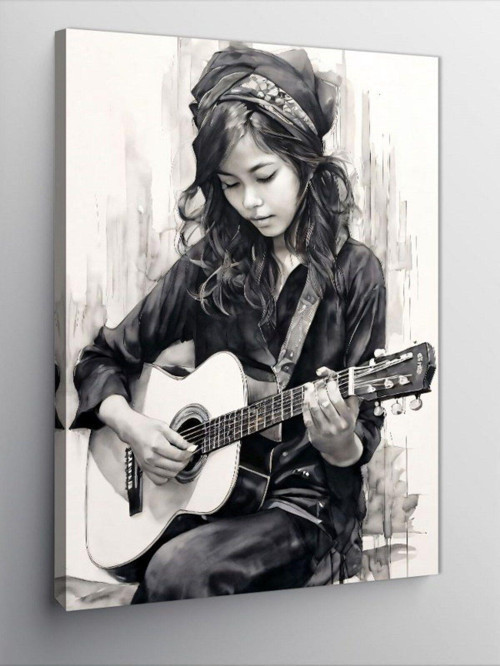 Kanvas Tablo Siyah Beyaz Gitar Çalan Kadın