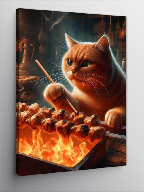 Kanvas Tablo Şiş Kebap Pişiren Kedi