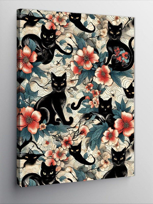 Kanvas Tablo Siyah Kediler Ve Çiçek